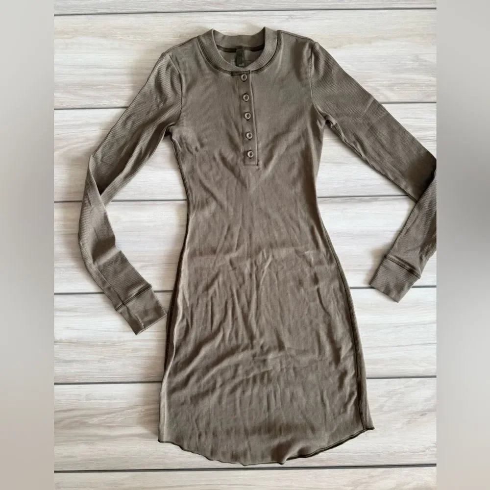 SKIMS Cotton Rib Long Sleeve Dress Olive Green XS NWT